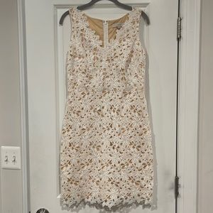 Loft Size 2 Body-Con Dress. Nude Lining with White Floral Lace Overlay.